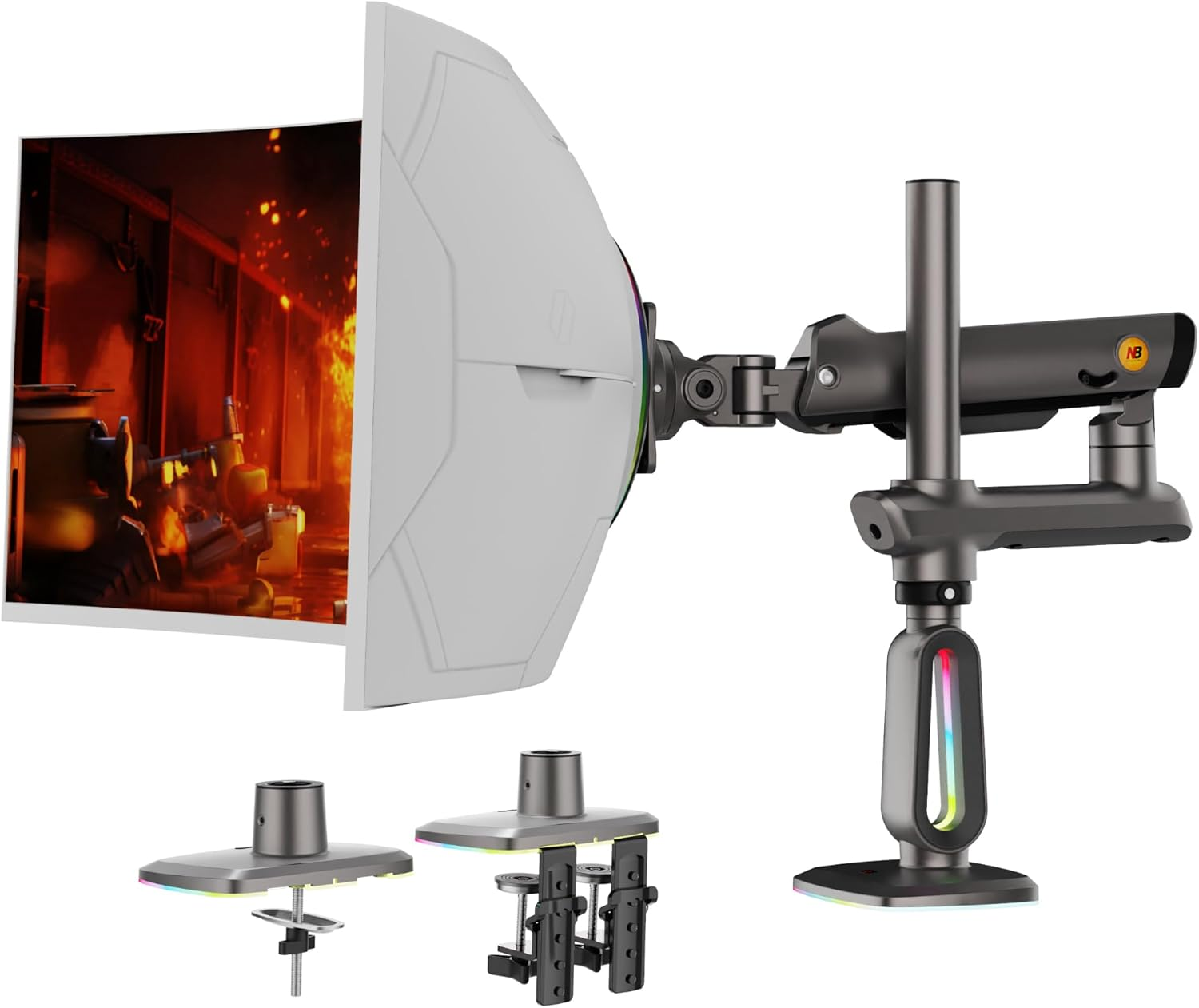RGB aydınlatmalı ve üç farklı montaj seçeneğine sahip bir monitör kolu.