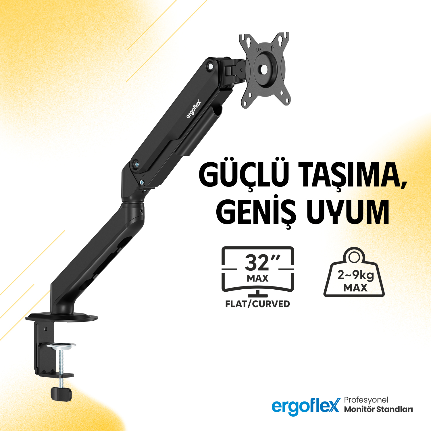 32 inç ve 9 kg'a kadar ekranlar için kelepçeli tabanlı siyah monitör kolu.