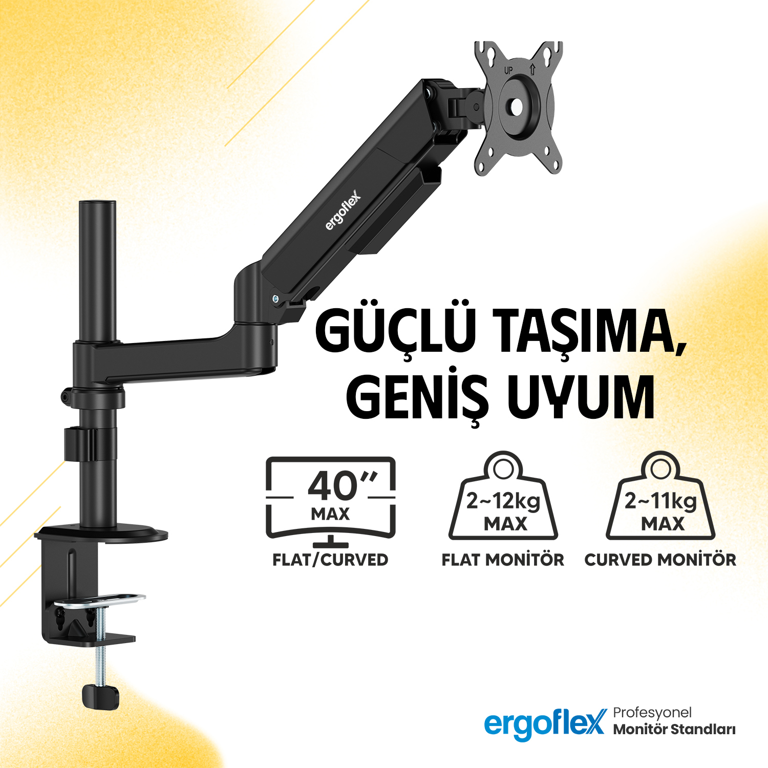 Kelepçeli ergonomik monitör kolu, 40" düz/kavisli monitörleri 12kg'a kadar destekler.