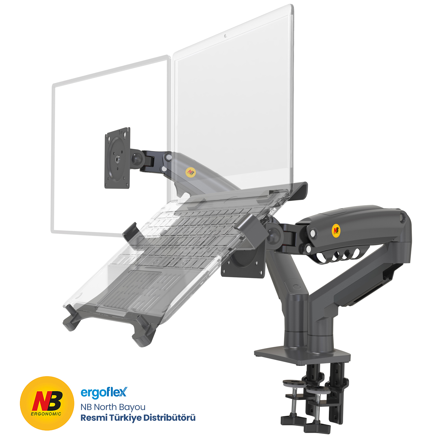 Laptop tepsili ve masa kelepçeli esnek monitör kolu.