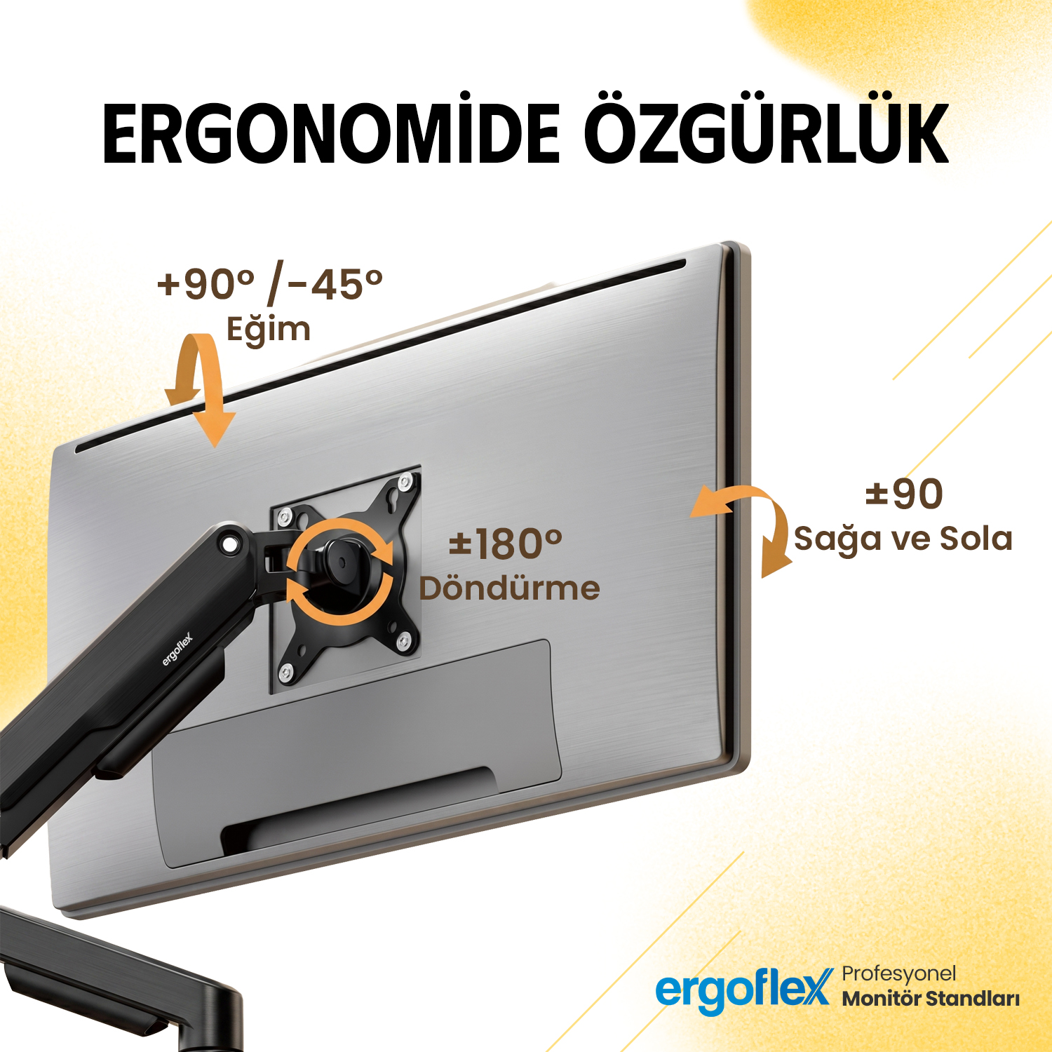 Eğim ve dönüş göstergeli siyah kollu monitörün arkası.