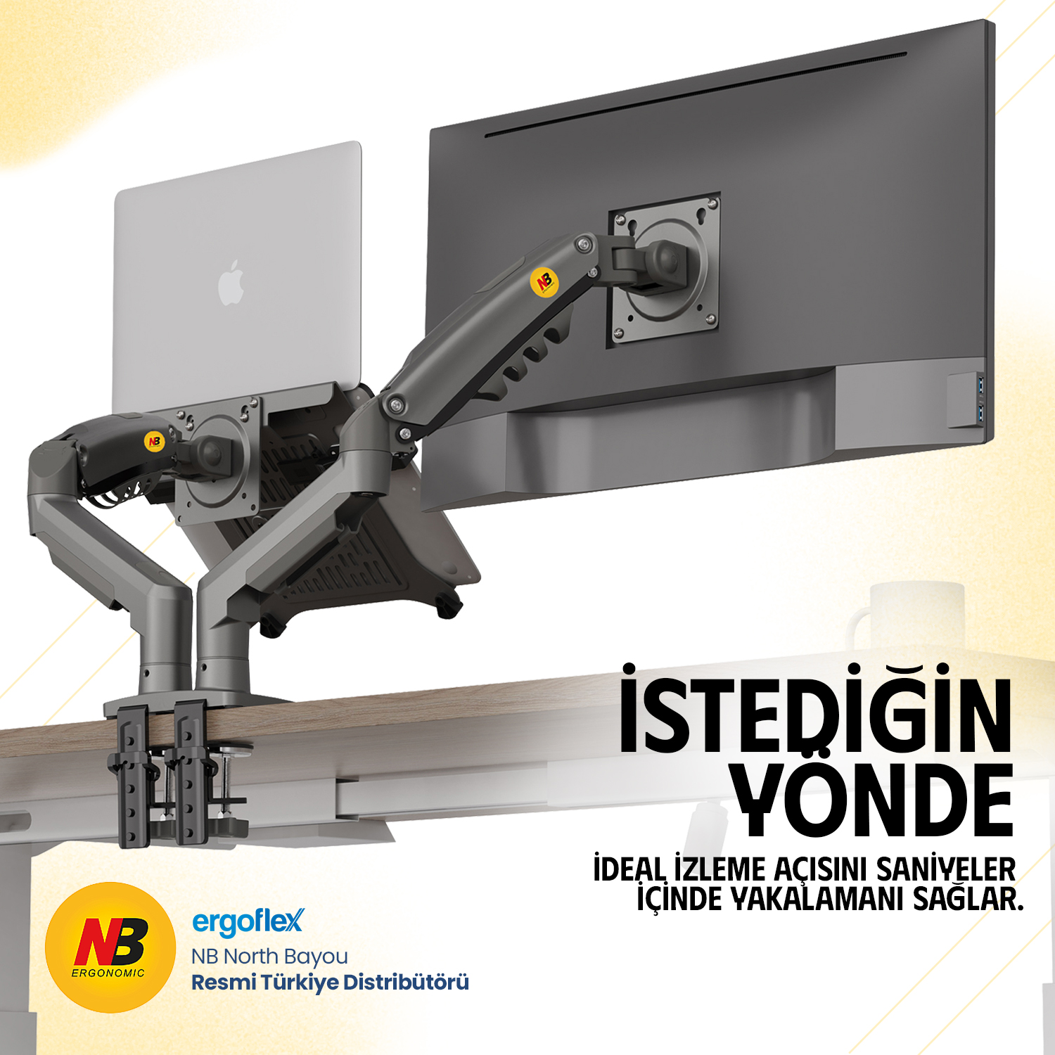 Bir laptop ve monitör masaüstü monitör koluna monte edilmiştir. Türkçe metin.
