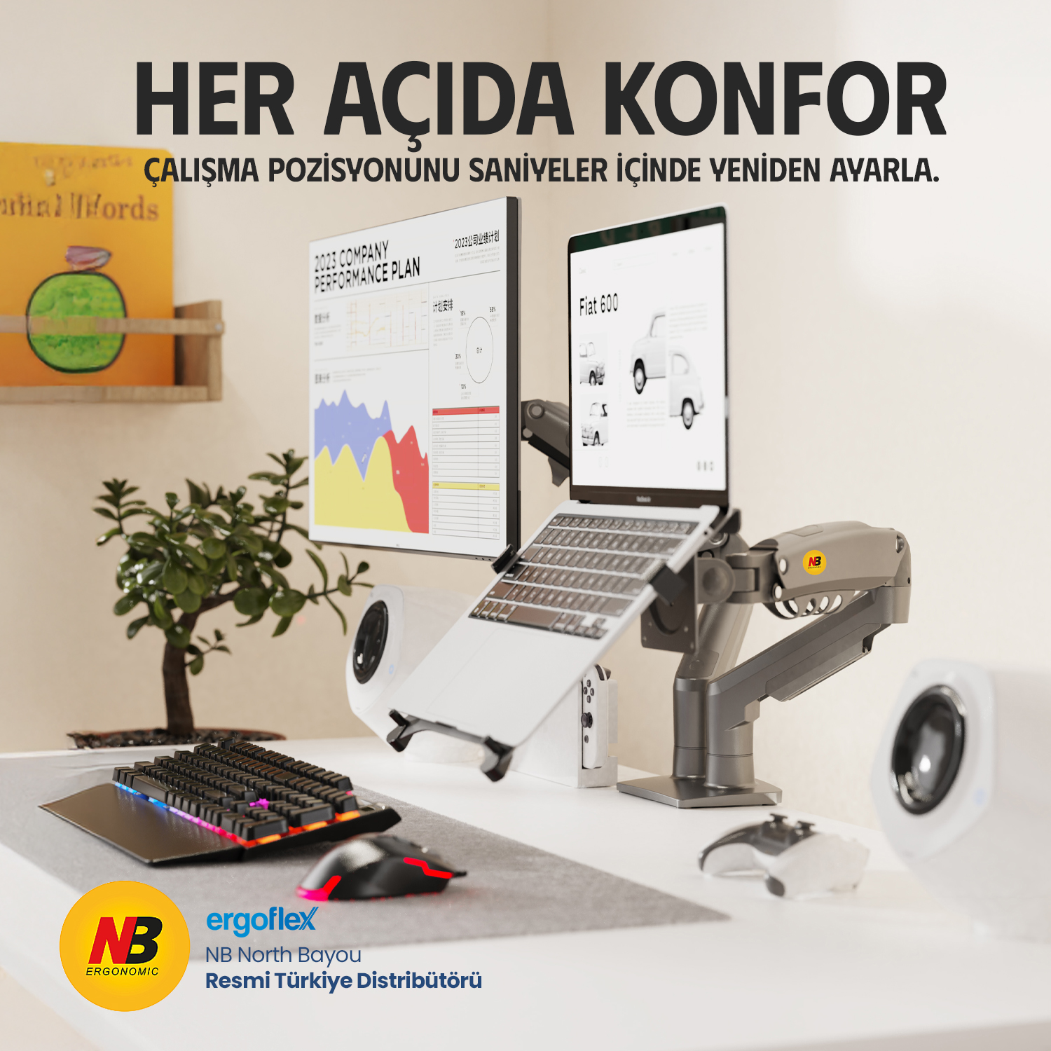 Çift monitörlü, dizüstü bilgisayarlı, klavyeli, fareli ve hoparlörlü bir masa.