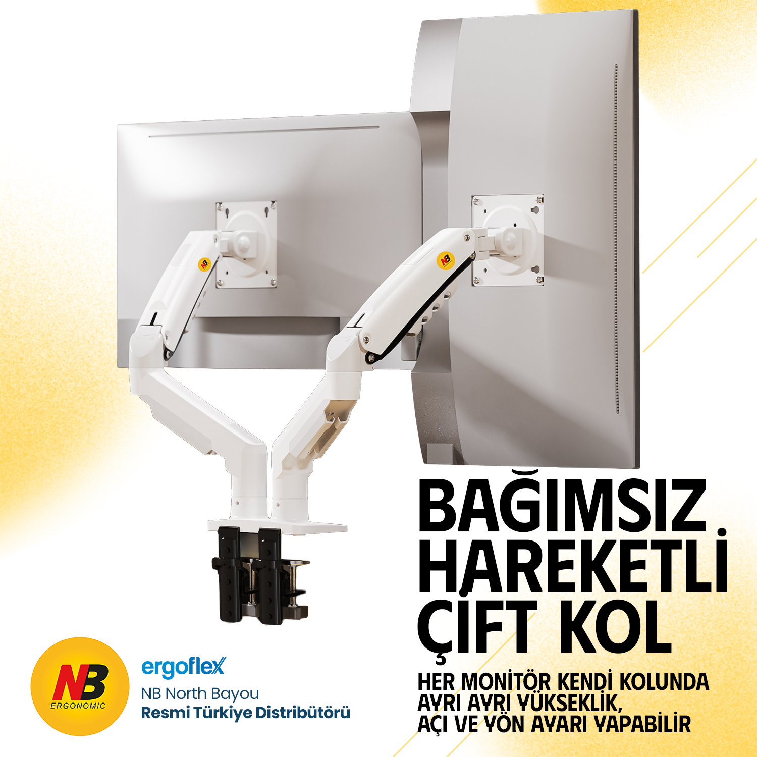 Ayarlanabilir eklemli beyaz çift monitör kolu masa kelepçesine monte edilmiştir.
