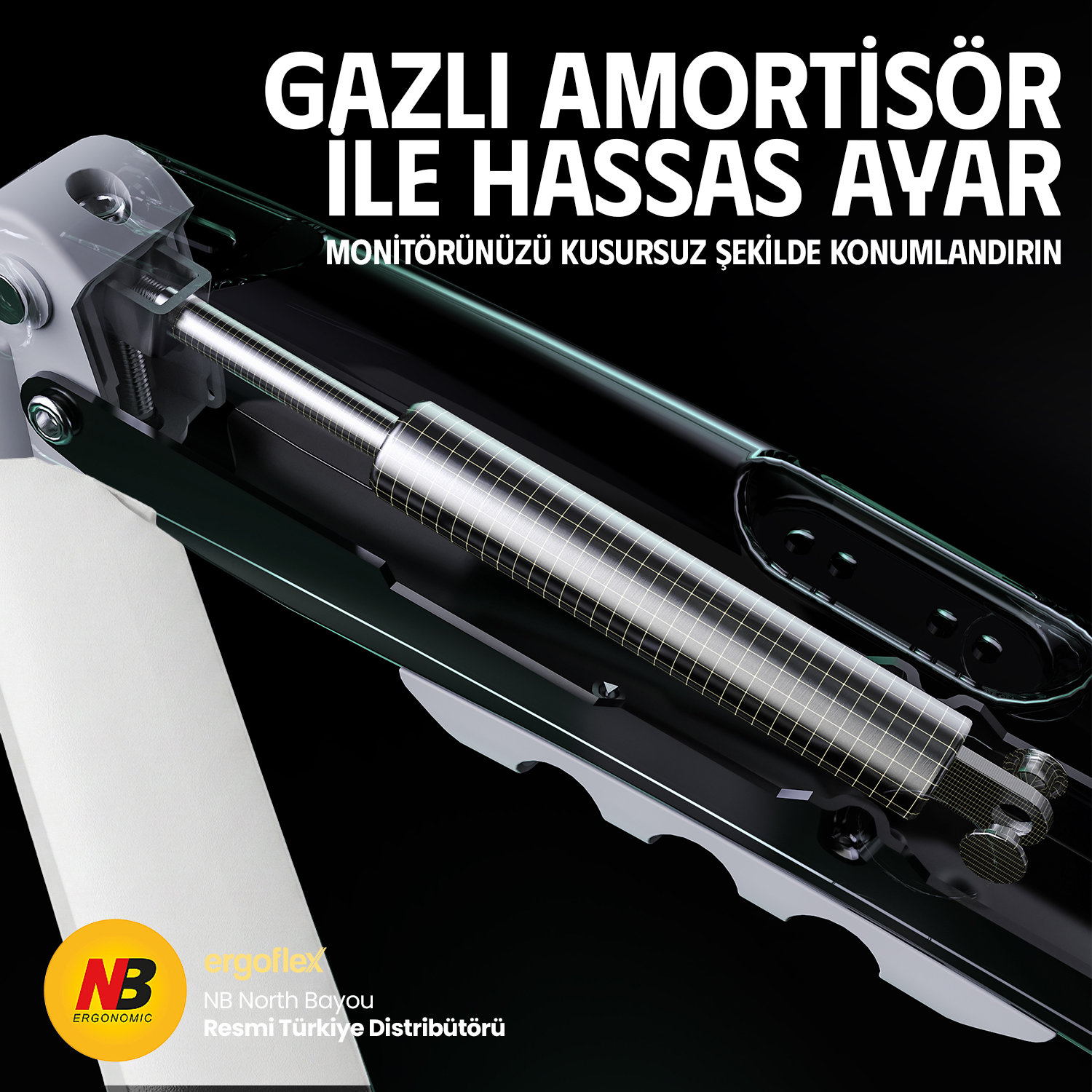 Gazlı amortisör kolu, monitörü hassas bir şekilde konumlandırır.