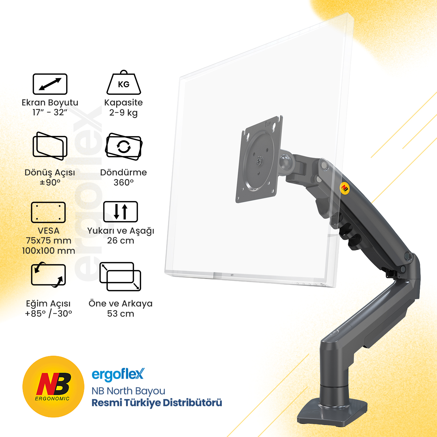17-32 inç ekranlar için 2-9 kg kapasiteli monitör kolu.