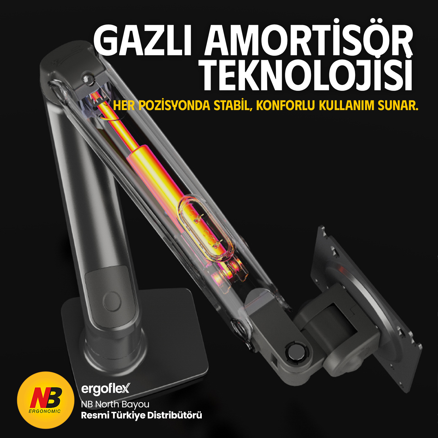 Gaz amortisörlü siyah monitör kolu, iç mekanizmasını gösteriyor.
