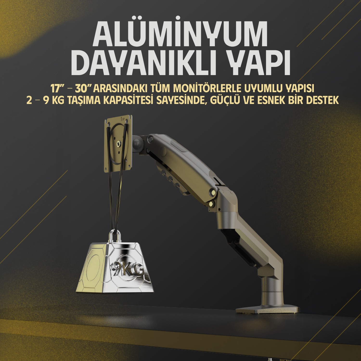 Gümüş renkli 9 kg'lık ağırlık, esnek alüminyum monitör kolundan sarkıyor.