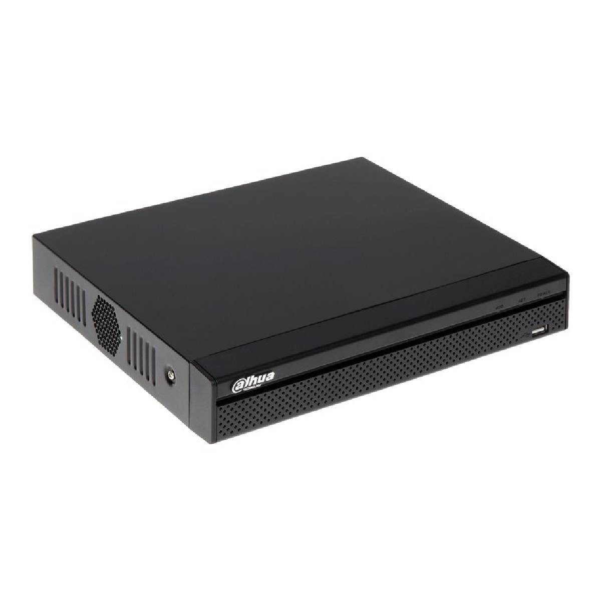 Un dispositivo DVR nero con fessure di ventilazione e una porta USB.