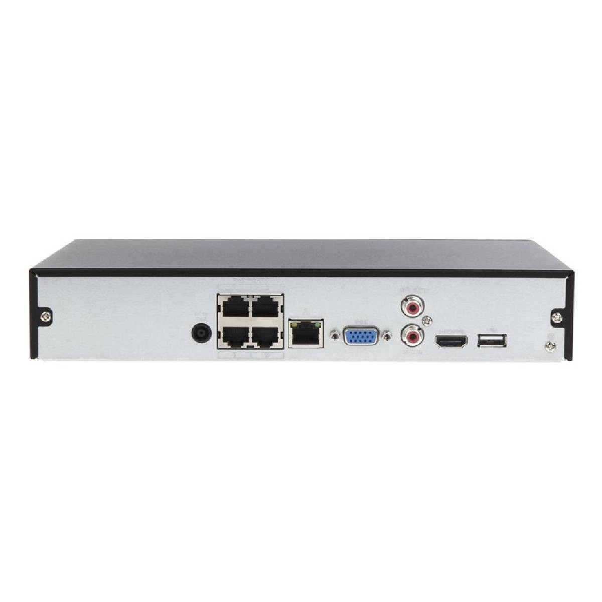 Retro di un registratore di rete con porte: alimentazione, 4x LAN, VGA, HDMI, USB.