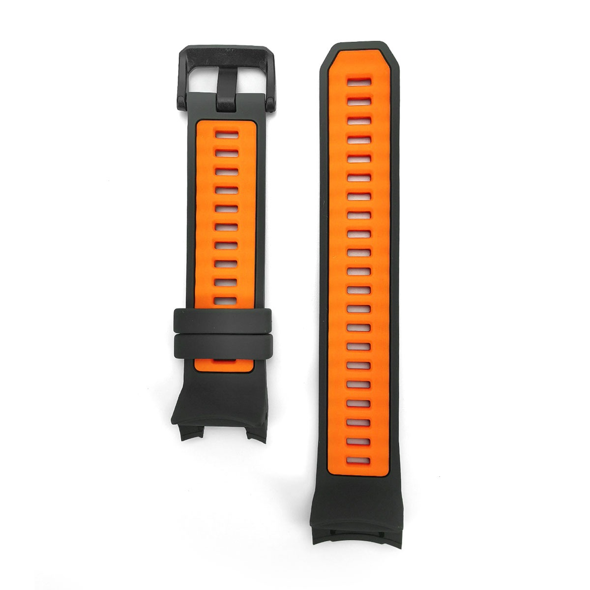Zwei schwarze und orangefarbene Uhrenarmbänder mit Lünette und Aussparungen auf weißem Hintergrund.