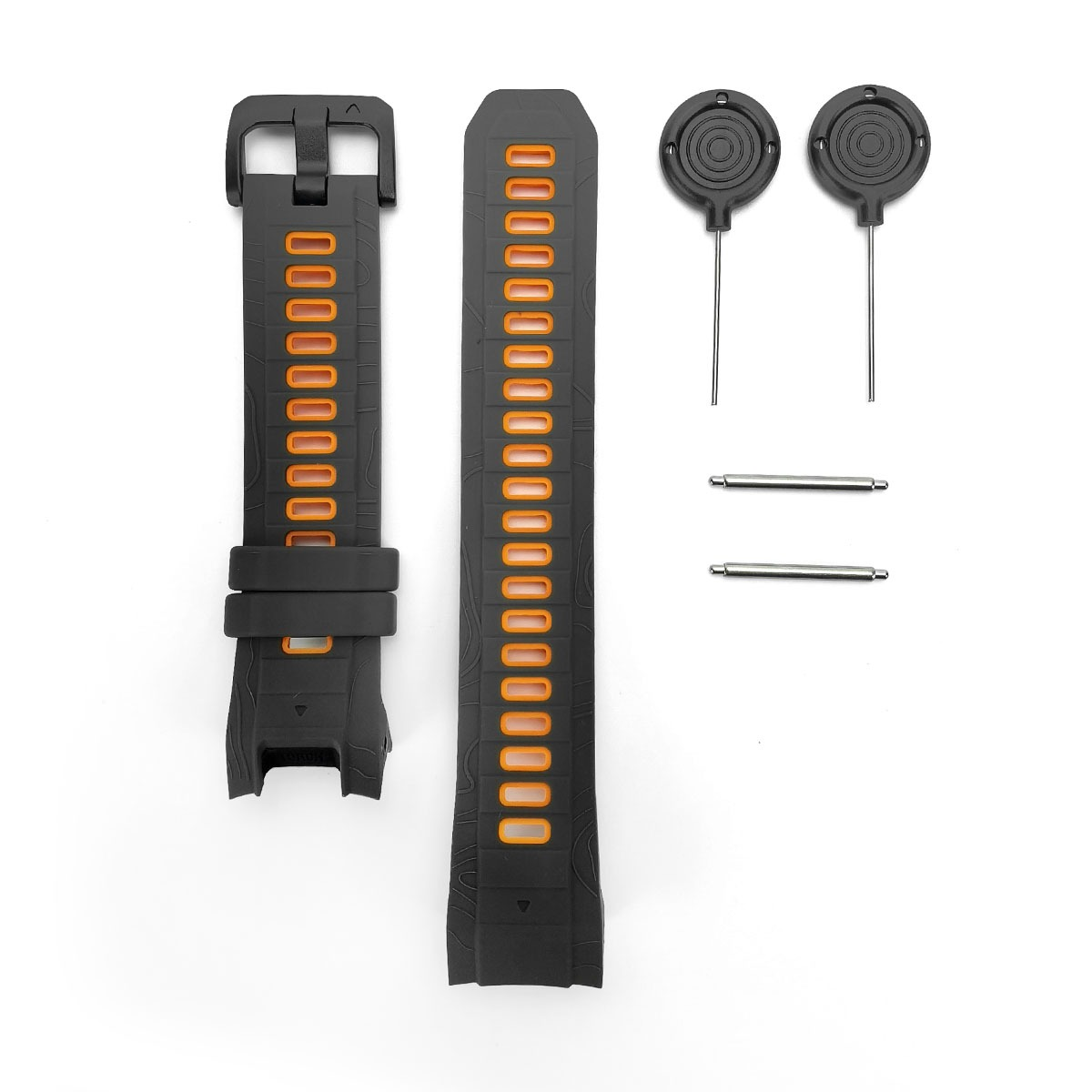 Schwarze Uhrenarmbänder mit orangefarbenen Akzenten, Werkzeug und Stiften.