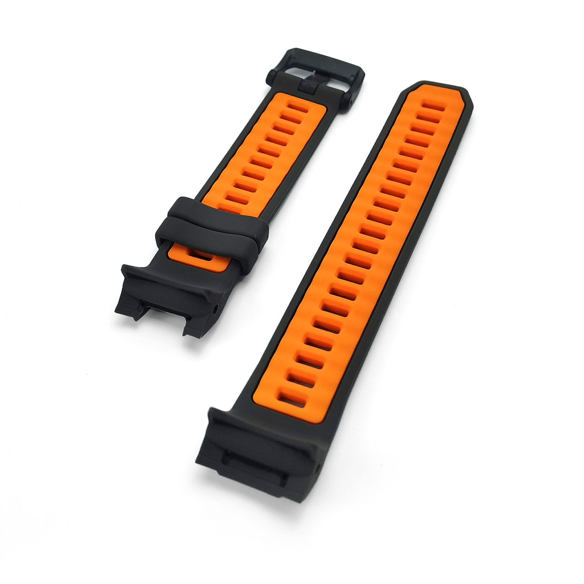 Zwei schwarze Uhrenarmbänder mit orangefarbenen Einsätzen und Lünette.
