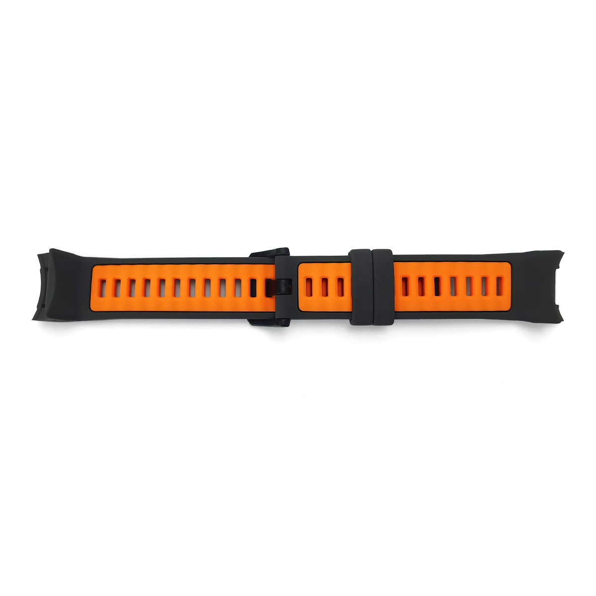 Ein schwarzes und orangefarbenes Uhrenarmband mit Löchern und Schnalle, isoliert auf Weiß.
