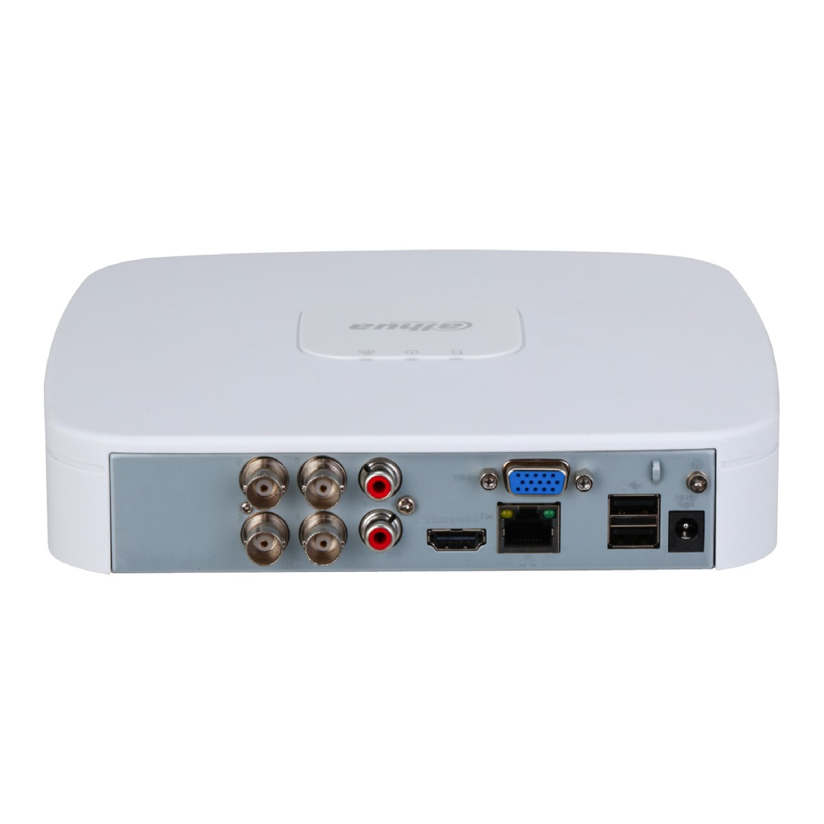 Vista posteriore di un DVR bianco con porte BNC, HDMI, VGA, Ethernet, USB.