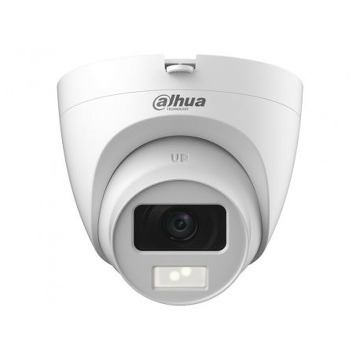 Una telecamera di sicurezza bianca con il logo Dahua e la scritta "UP".