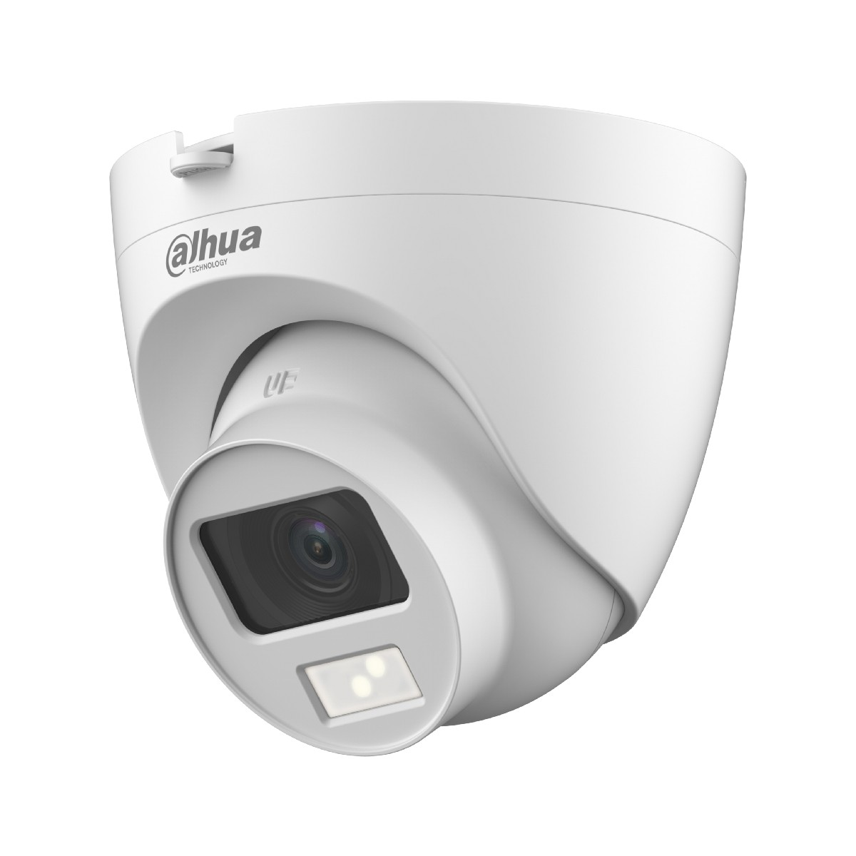 Una telecamera di sicurezza dome bianca con obiettivo e due luci.