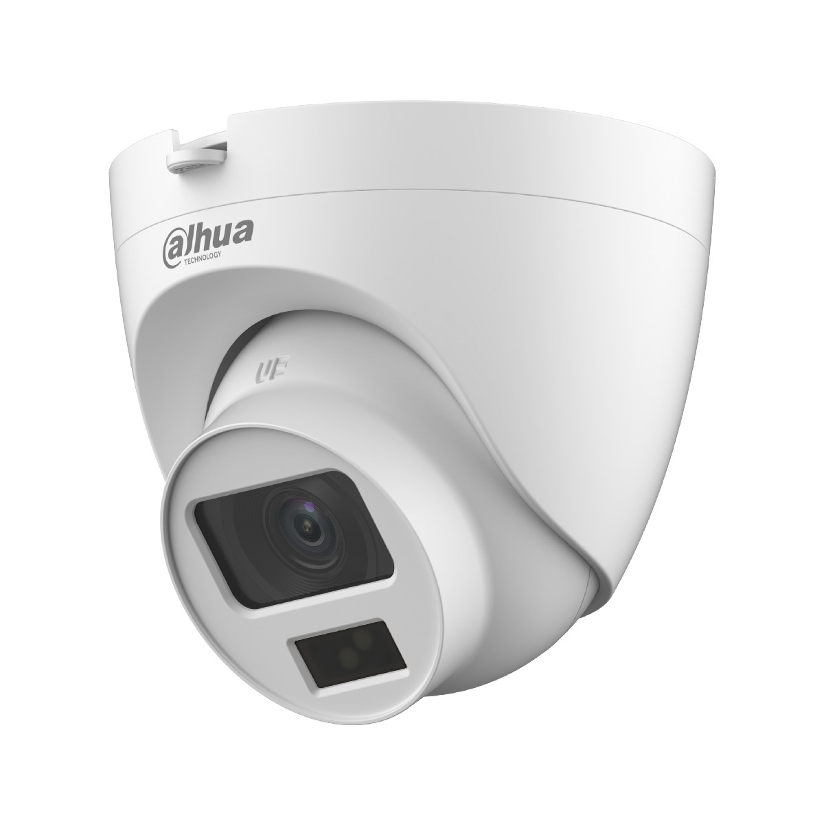 Una telecamera di sicurezza bianca con obiettivo e LED a infrarossi.