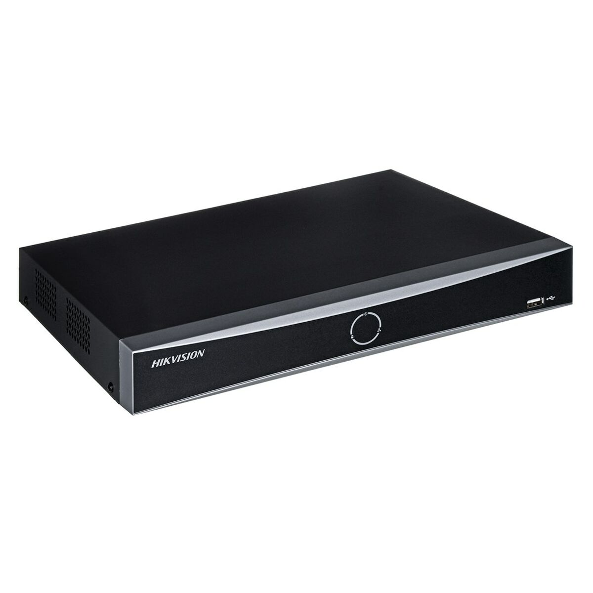 Un DVR Hikvision nero con striscia argentata e porta USB.