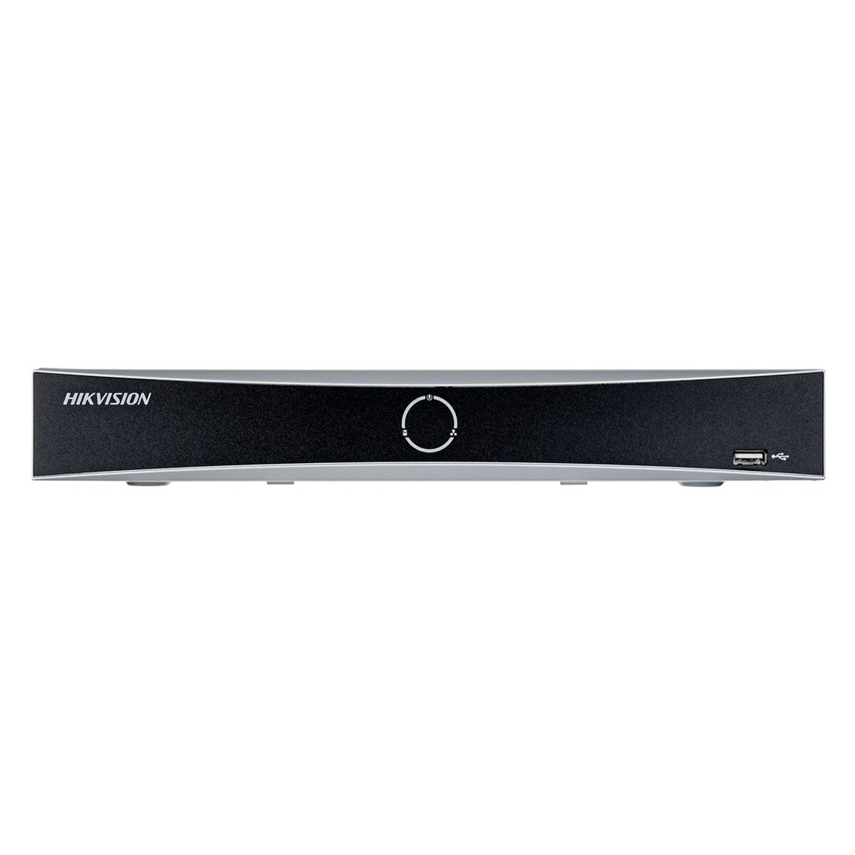 DVR Hikvision grigio e nero con porta USB e icona circolare.