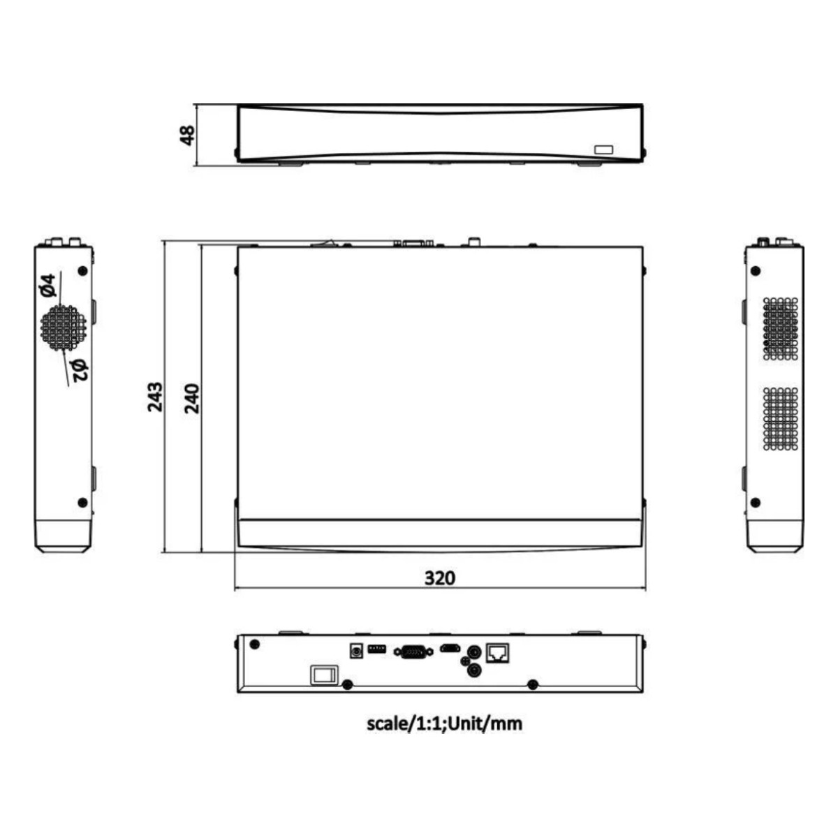 Disegno tecnico di un dispositivo che mostra viste frontale, superiore, laterale e posteriore con dimensioni.