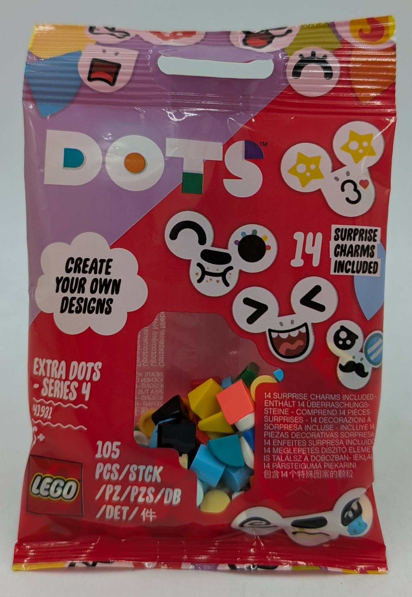 Sac LEGO DOTS "Extra Dots - Series 4" avec des pièces et motifs colorés.