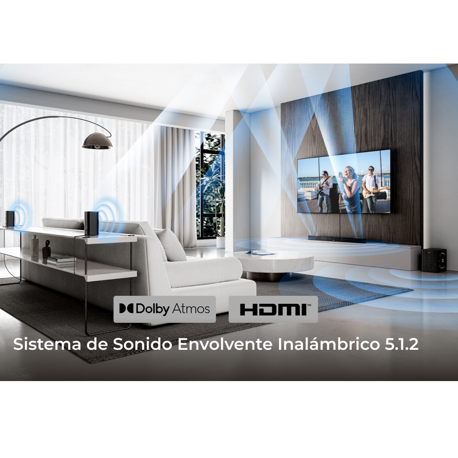 Sala con Dolby Atmos y HDMI. Banda musical en TV. Sonido envolvente inalámbrico 5.1.2.