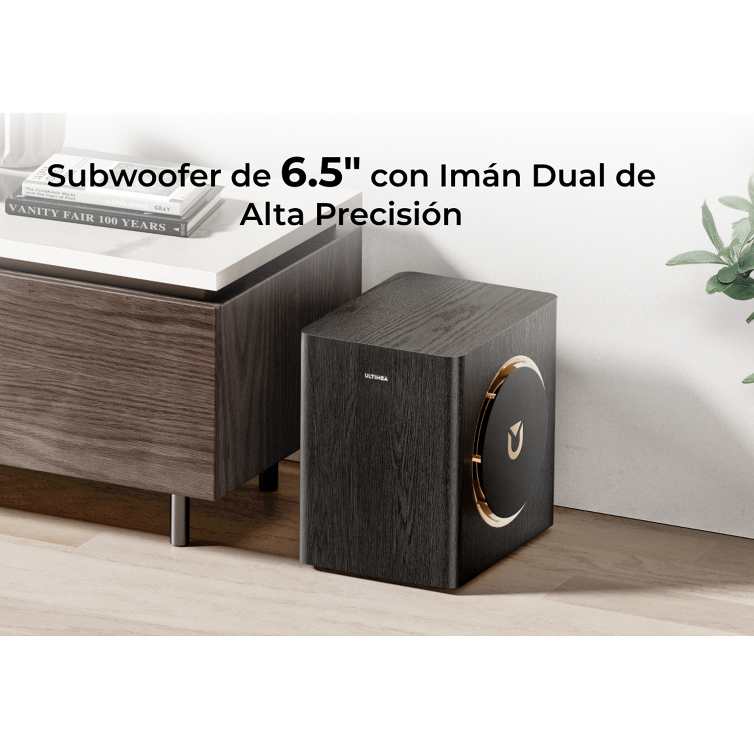 Subwoofer negro de doble imán de 6,5 pulgadas junto a libros y un mueble.