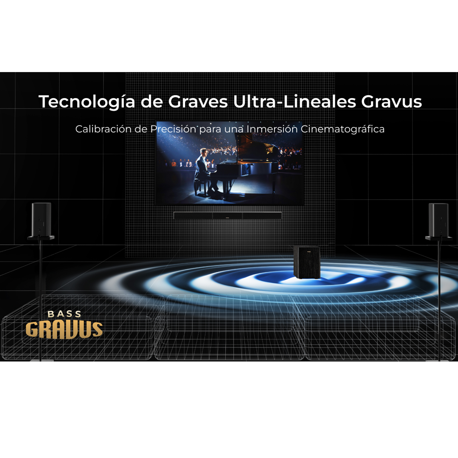 Una pantalla muestra un pianista, rodeado de altavoces y ondas sonoras.