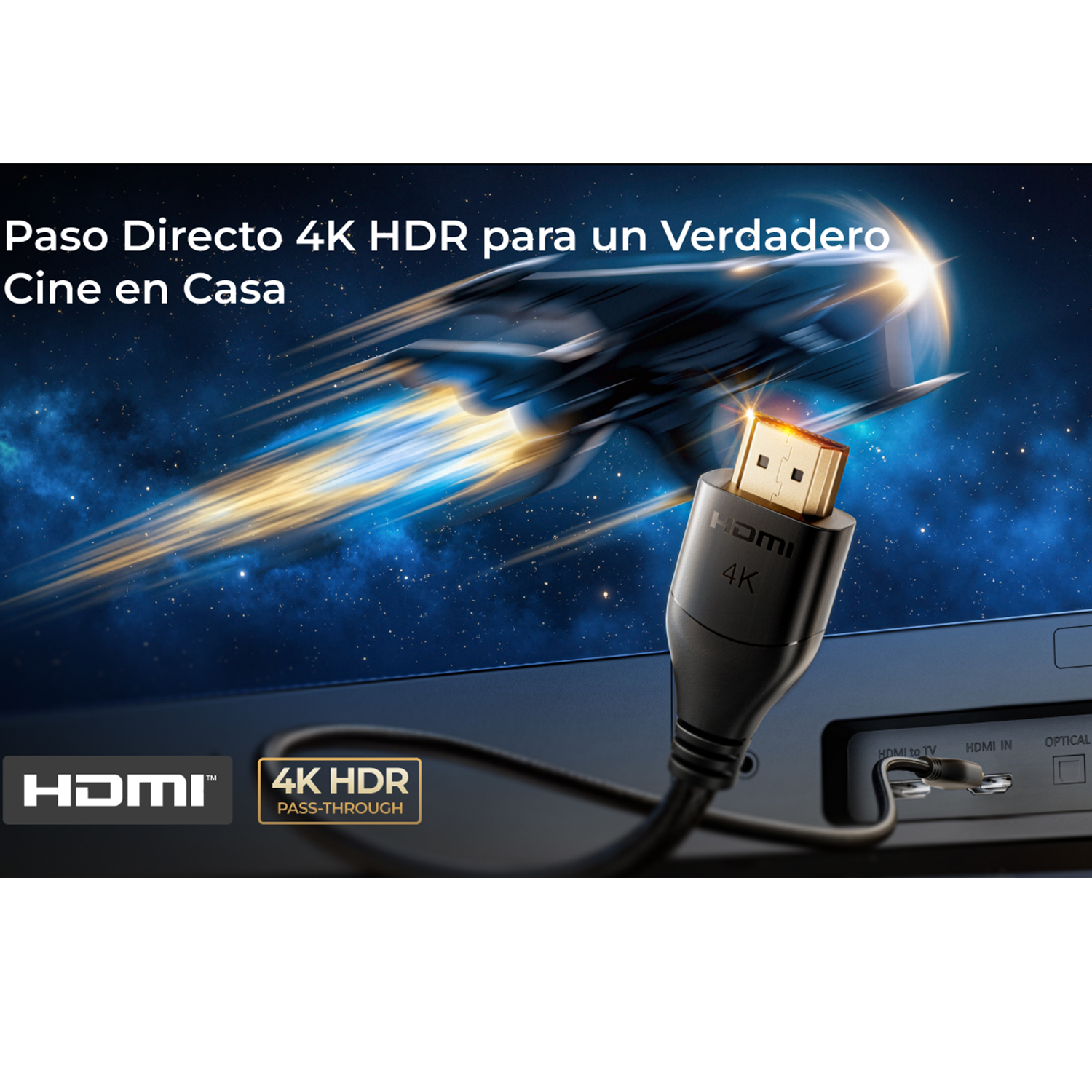 Un cable HDMI se conecta a un televisor, destacando 4K HDR.