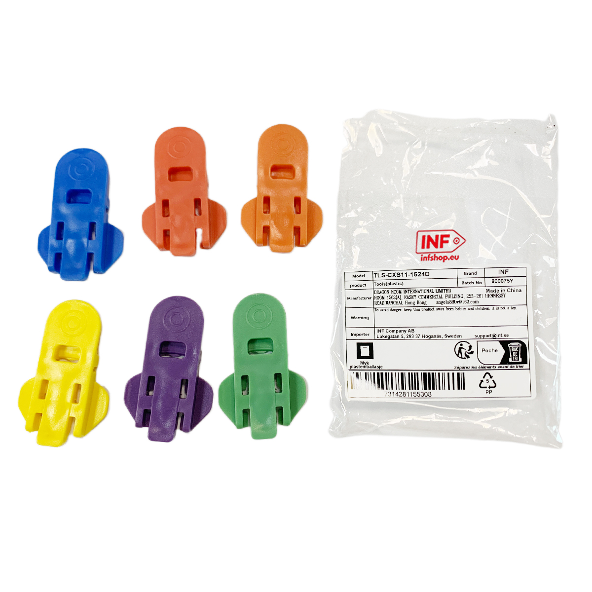Sei fermagli in plastica a forma di razzo blu, arancione, giallo, viola e verde.