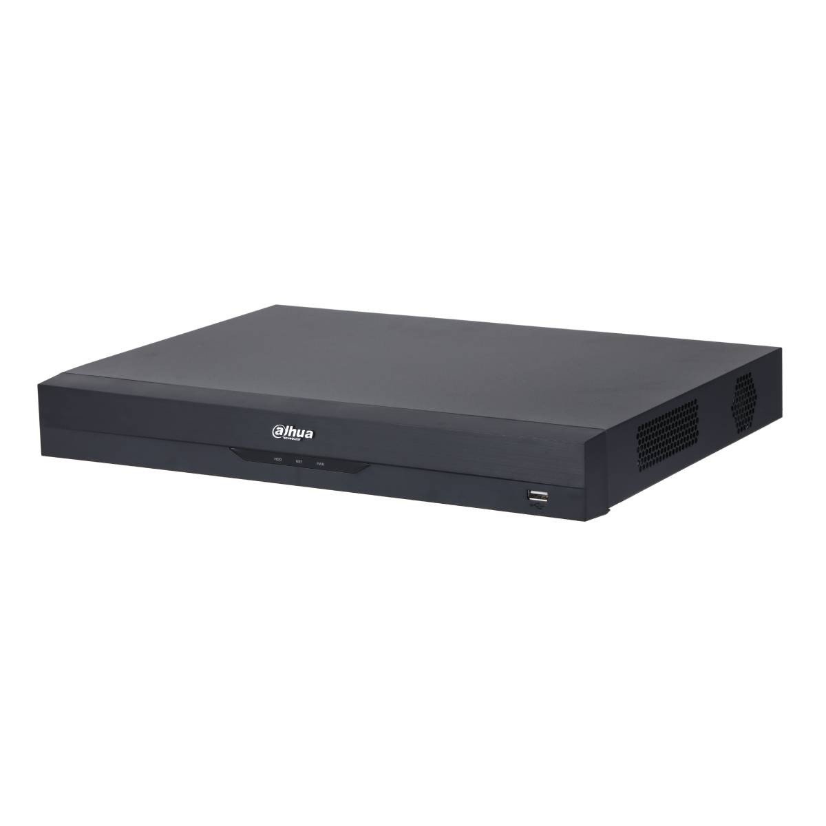 Un registratore DVR nero con logo Dahua e spie di stato sul davanti.