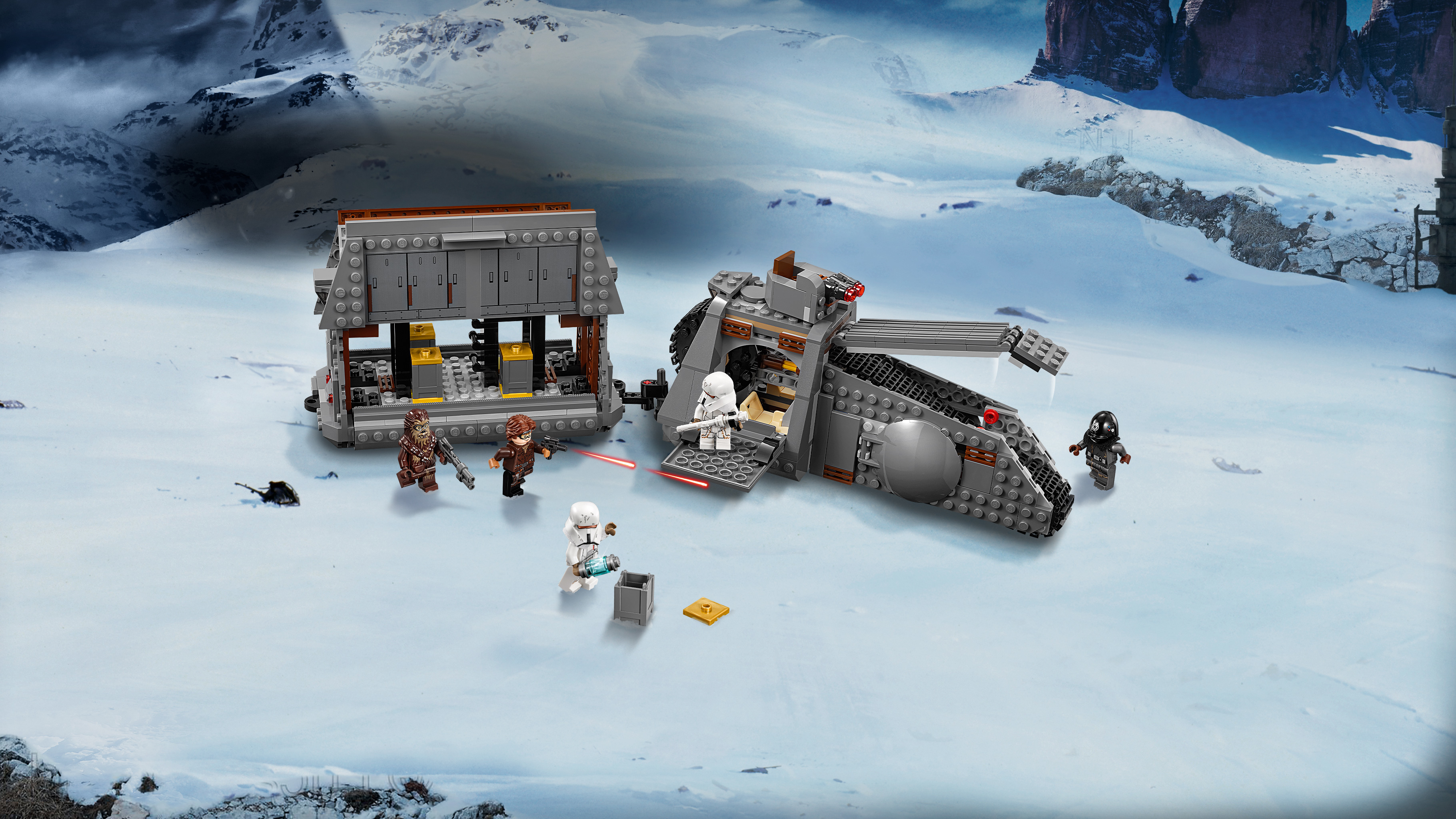 Modele Lego: Statek Hoth i budynek z figurkami w zaśnieżonym krajobrazie.