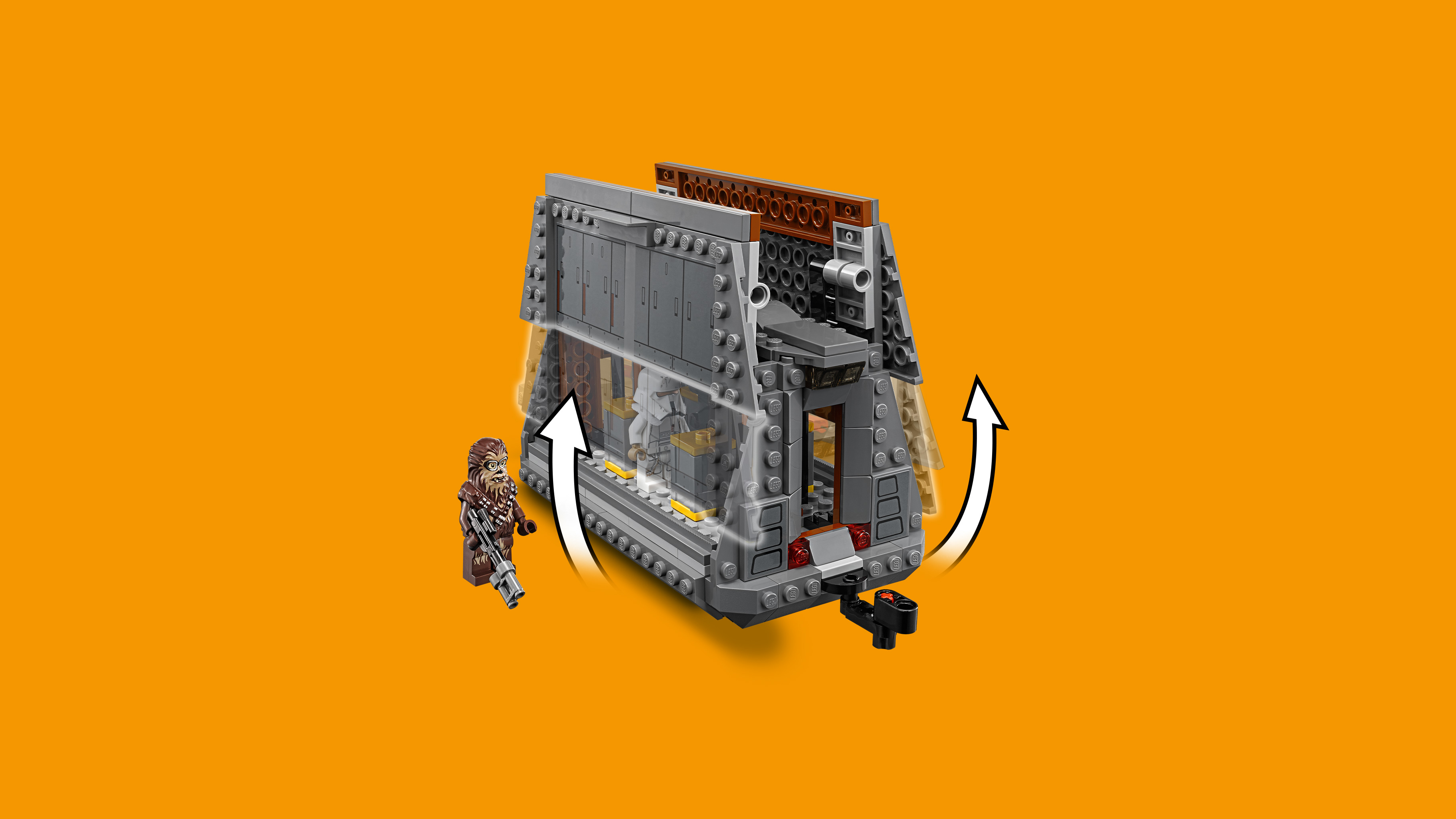 Lego Wookiee z bronią stoi obok szarego statku kosmicznego Lego z otwartym lukiem.