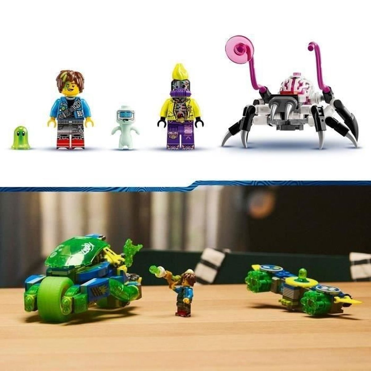 Figurki i pojazdy Lego: zielony slime, dwie postacie, robot, mech pająk, motocykl i samolot.