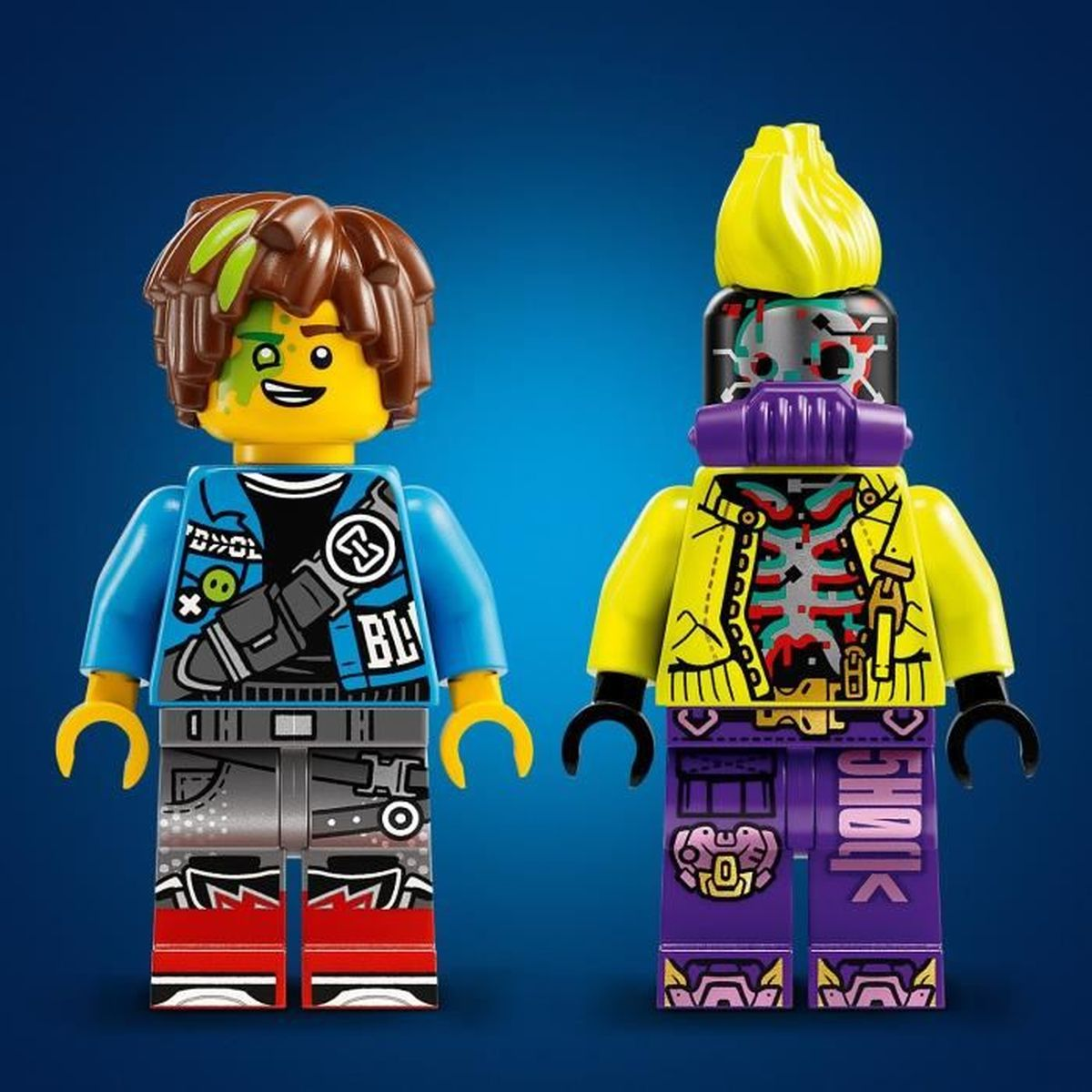 Dwie minifigurki Lego: jedna w niebieskiej kurtce z zielonym żelem do włosów, druga w żółtej kurtce i fioletowych spodniach.
