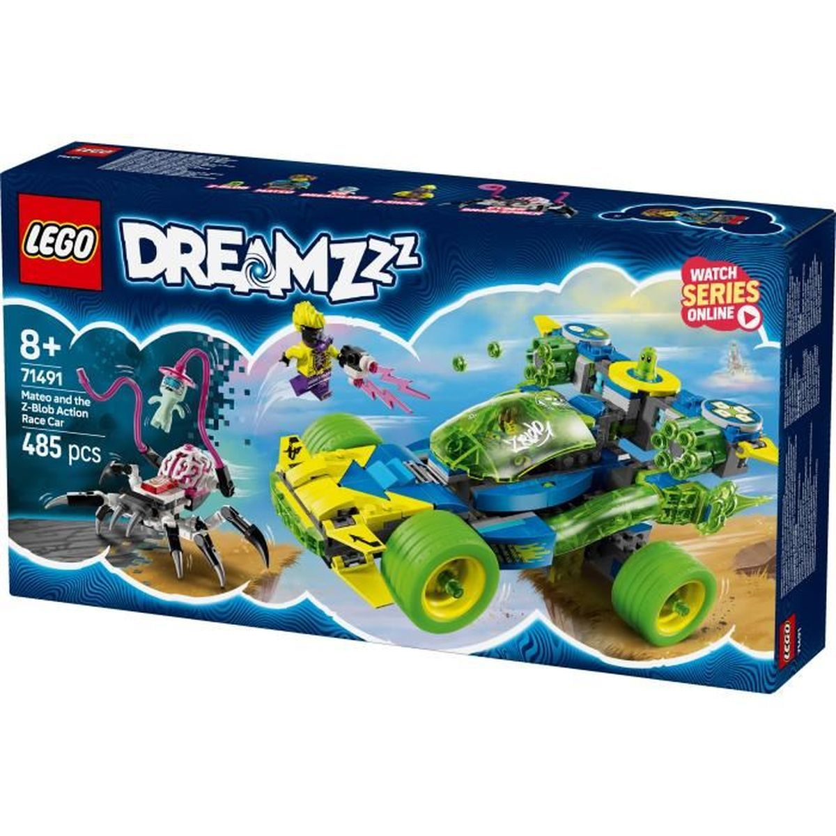 Zestaw LEGO DREAMZZZ z samochodem wyścigowym, Mateo, Z-Blobem i stworzeniem pająka.