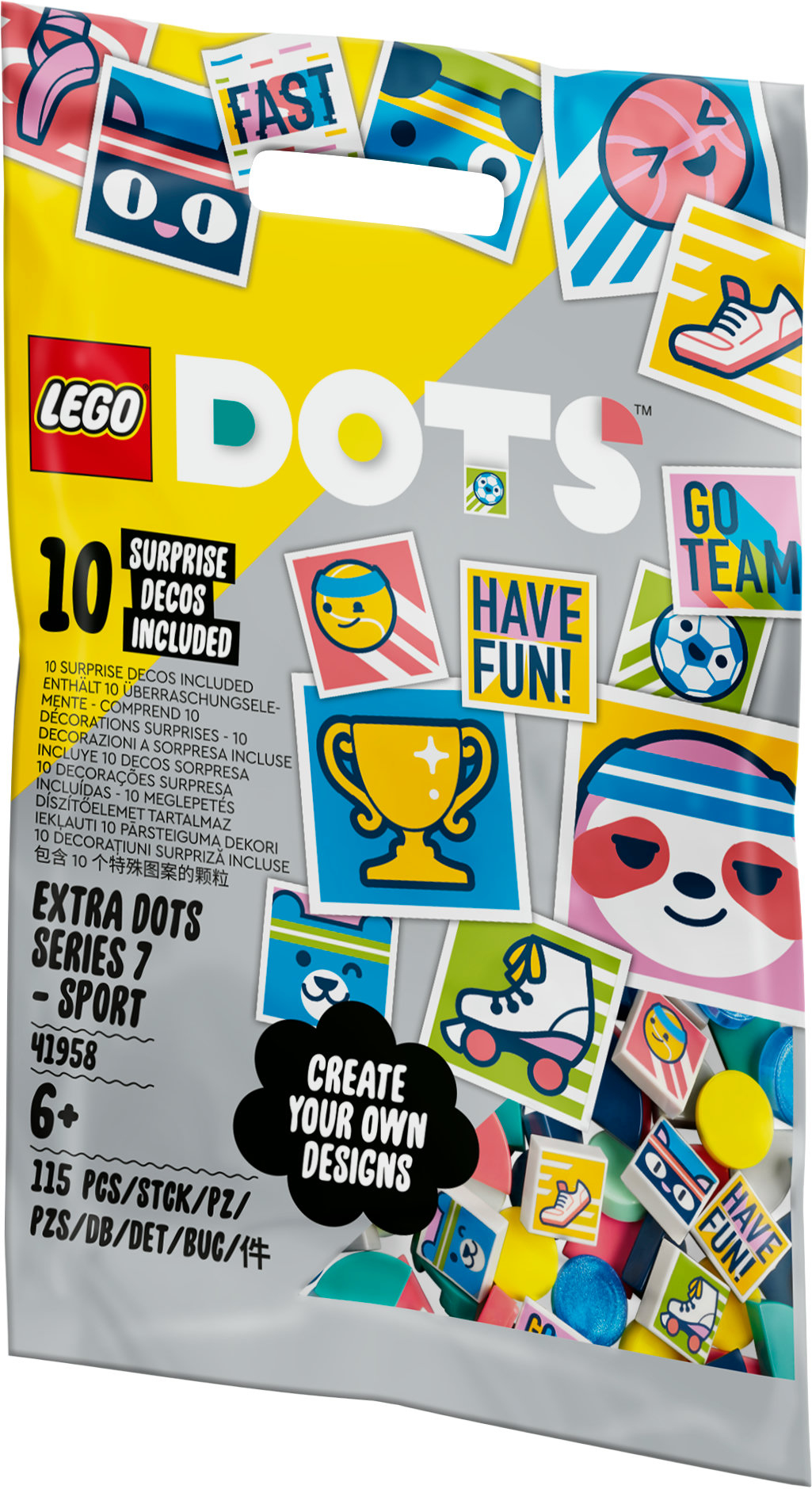 LEGO DOTS sport-themed deco set with stickers like shoes, trophy, ball, and faces.