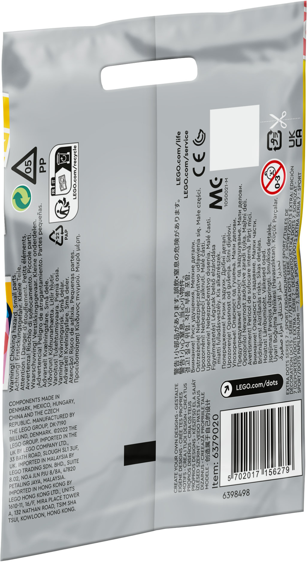 The back of a LEGO bag showing warnings, product info, and a barcode.