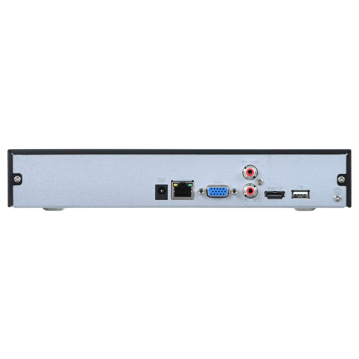 Vista posteriore di un dispositivo con porte: alimentazione, LAN, VGA, audio, HDMI, USB.