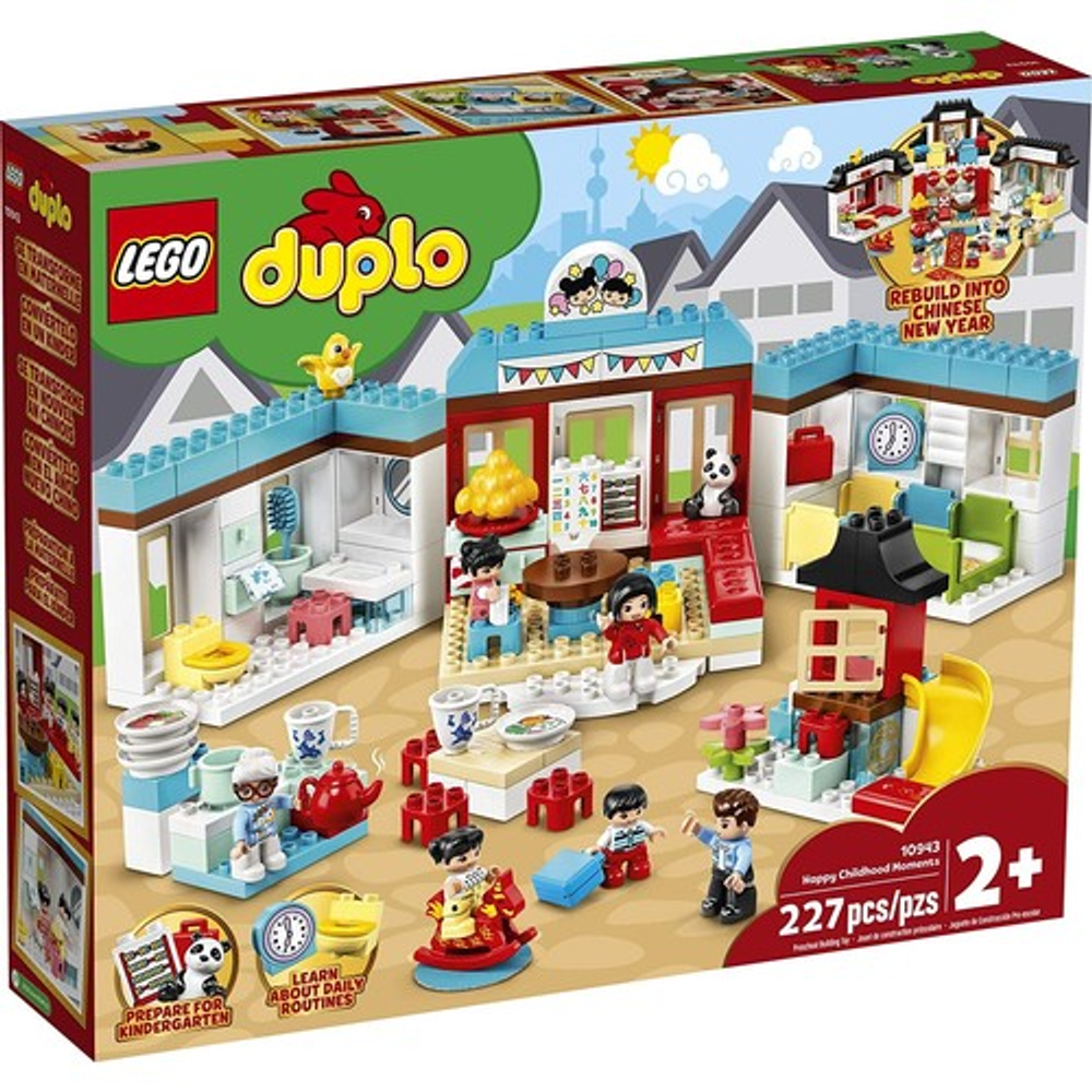 Figürler, oyun evi ve aksesuarlar içeren Lego Duplo Mutlu Çocukluk Anları seti.