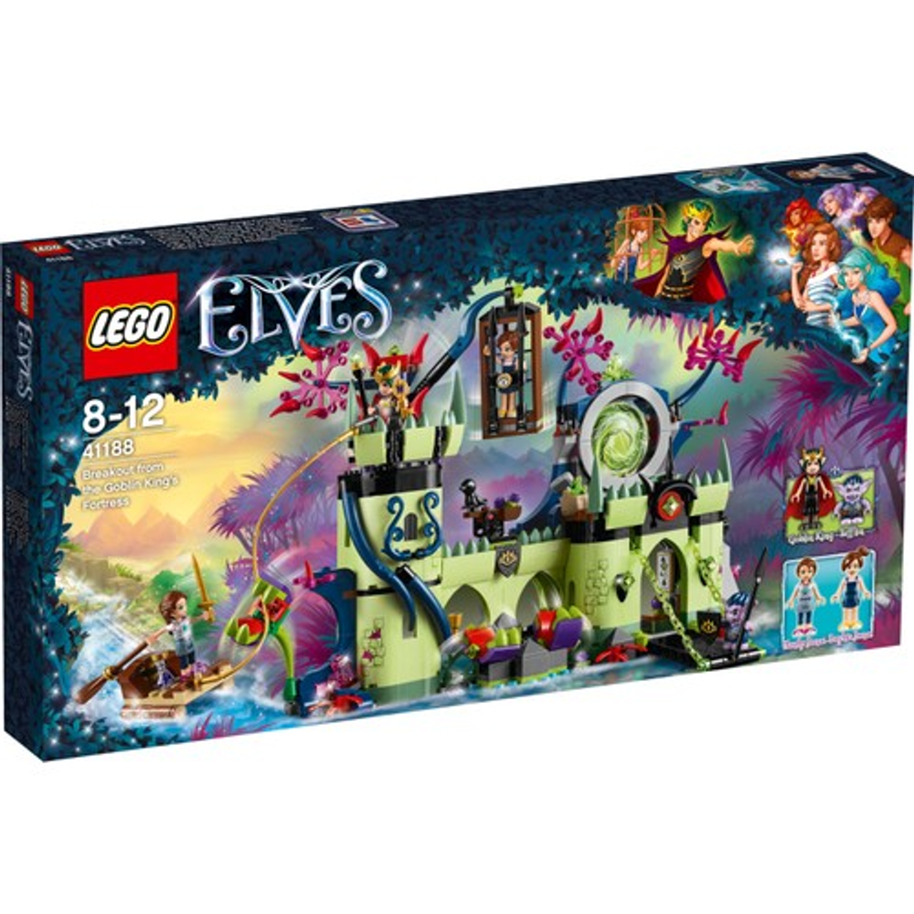 Set Lego Elves: Fortezza del Re Goblin con figure, barca e portale magico.