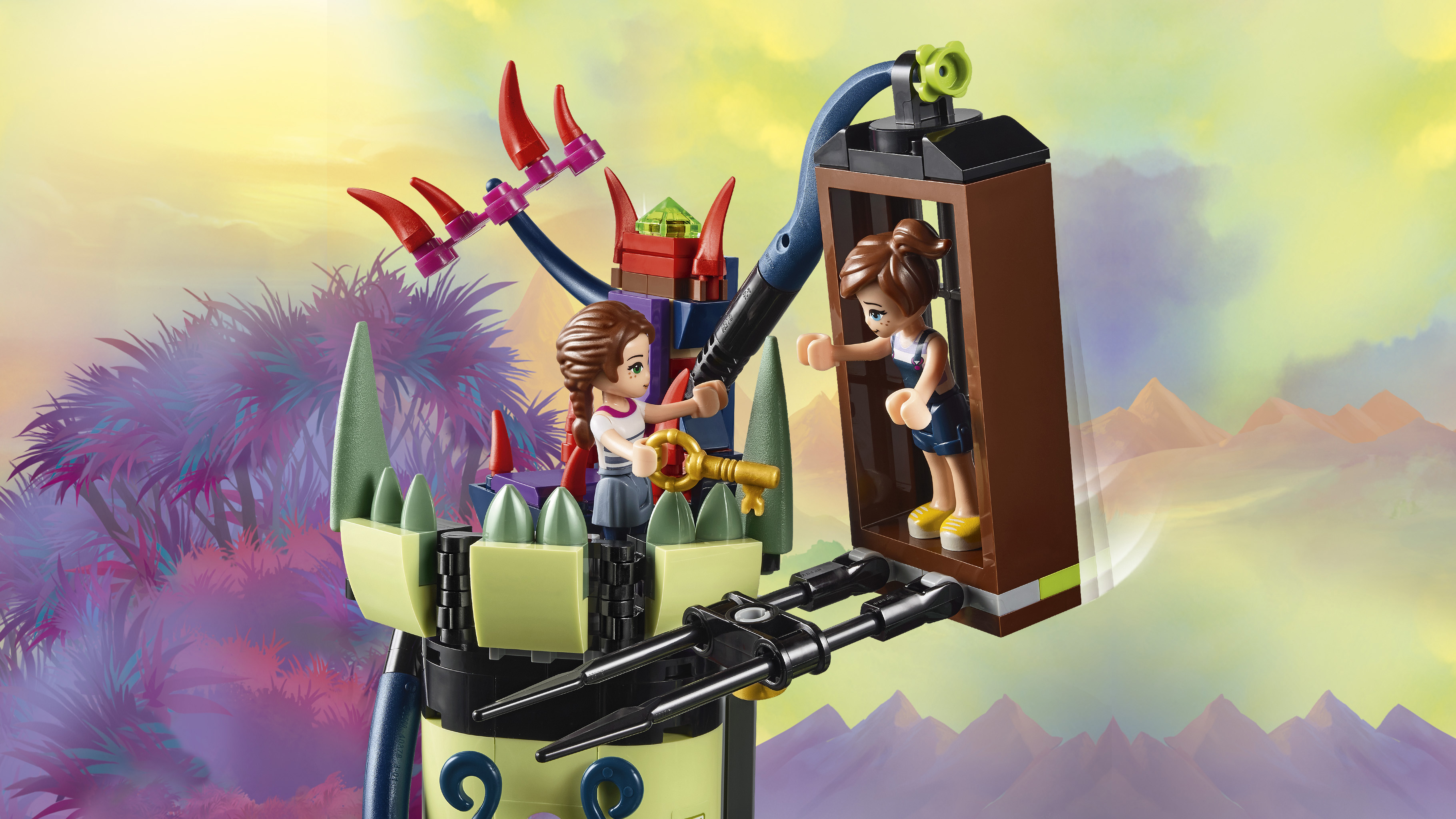 Due figure Lego interagiscono vicino a una torre fantasy. Una tiene una chiave, l'altra è in gabbia.
