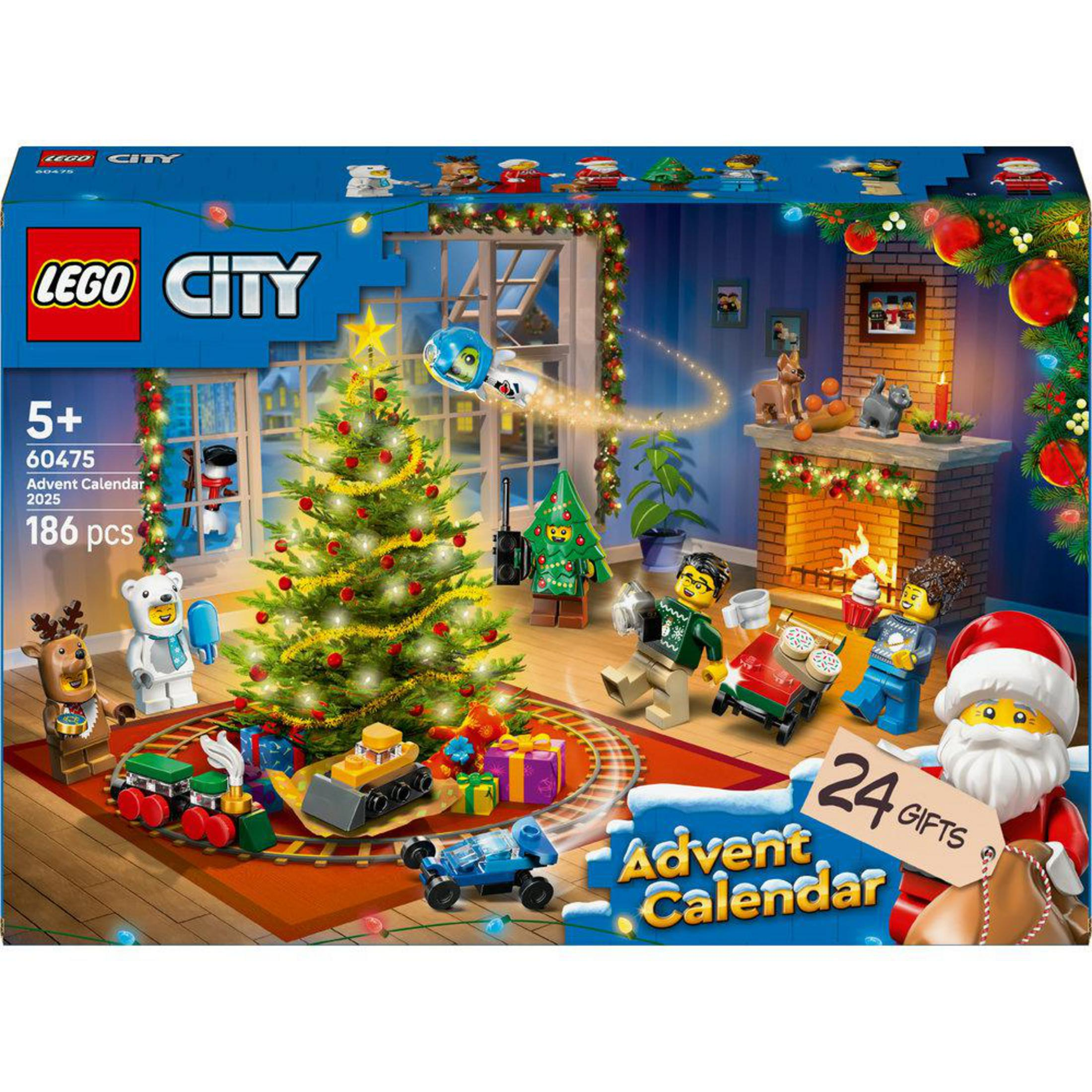 Calendario de Adviento LEGO City 2025 con Papá Noel, árbol de Navidad y regalos.