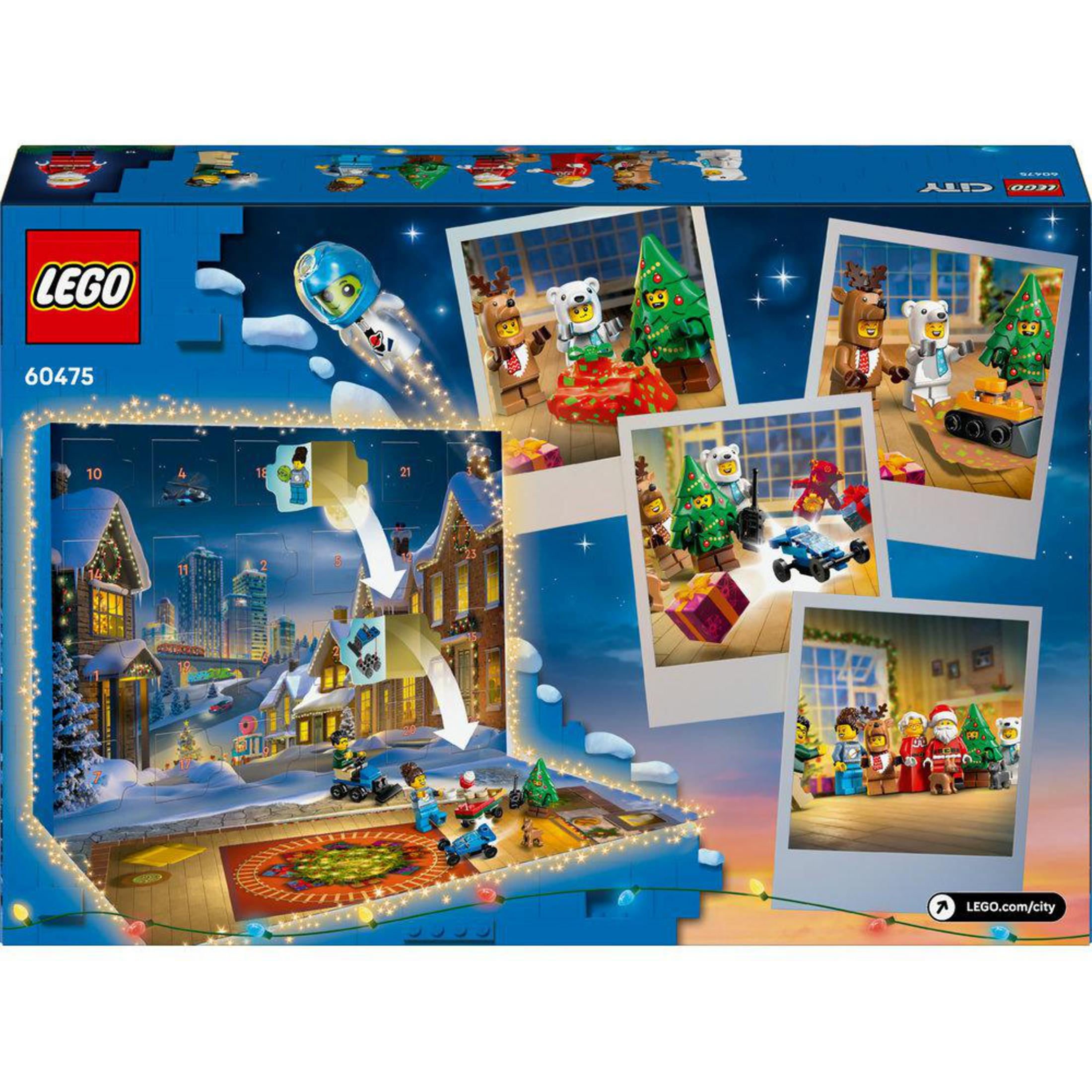 Un calendario de Adviento de Lego con escenas navideñas y minifiguras.
