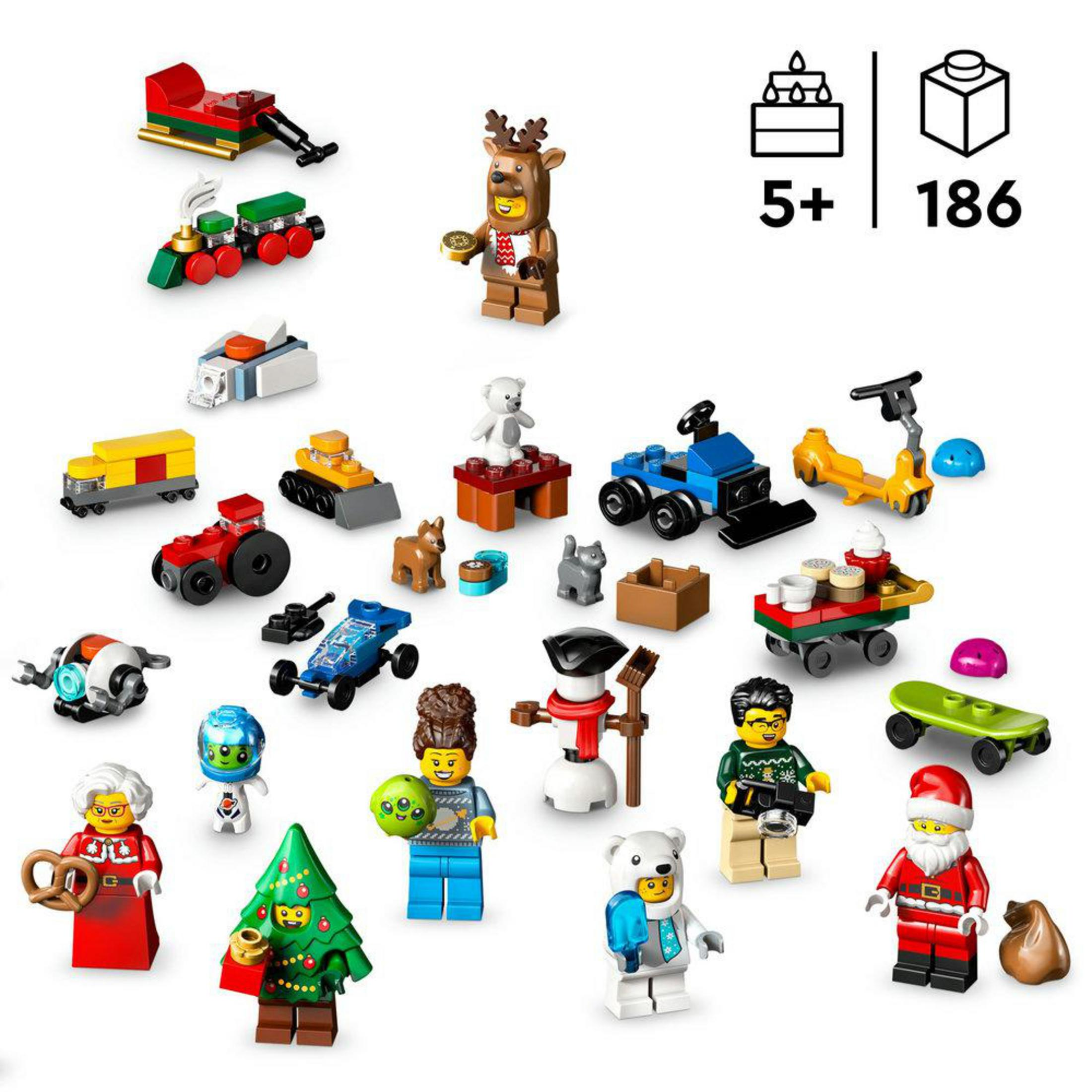 Figuras y vehículos de Lego con temática navideña, incluyendo a Papá Noel, reno y muñeco de nieve.