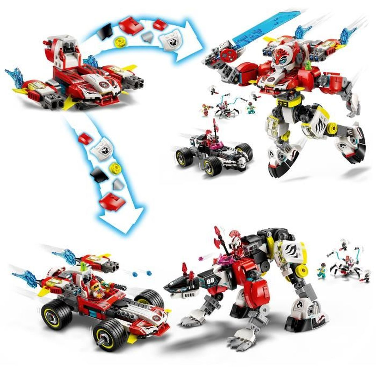 Zabawki Lego z robotami, pojazdami i figurkami w akcji.