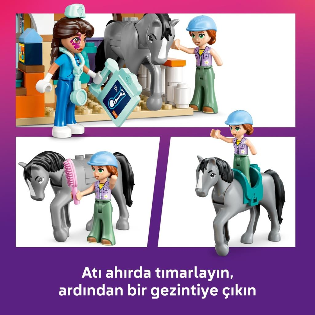 Trois scènes avec des figurines Lego et des chevaux : soin à l'écurie, brossage et monte.