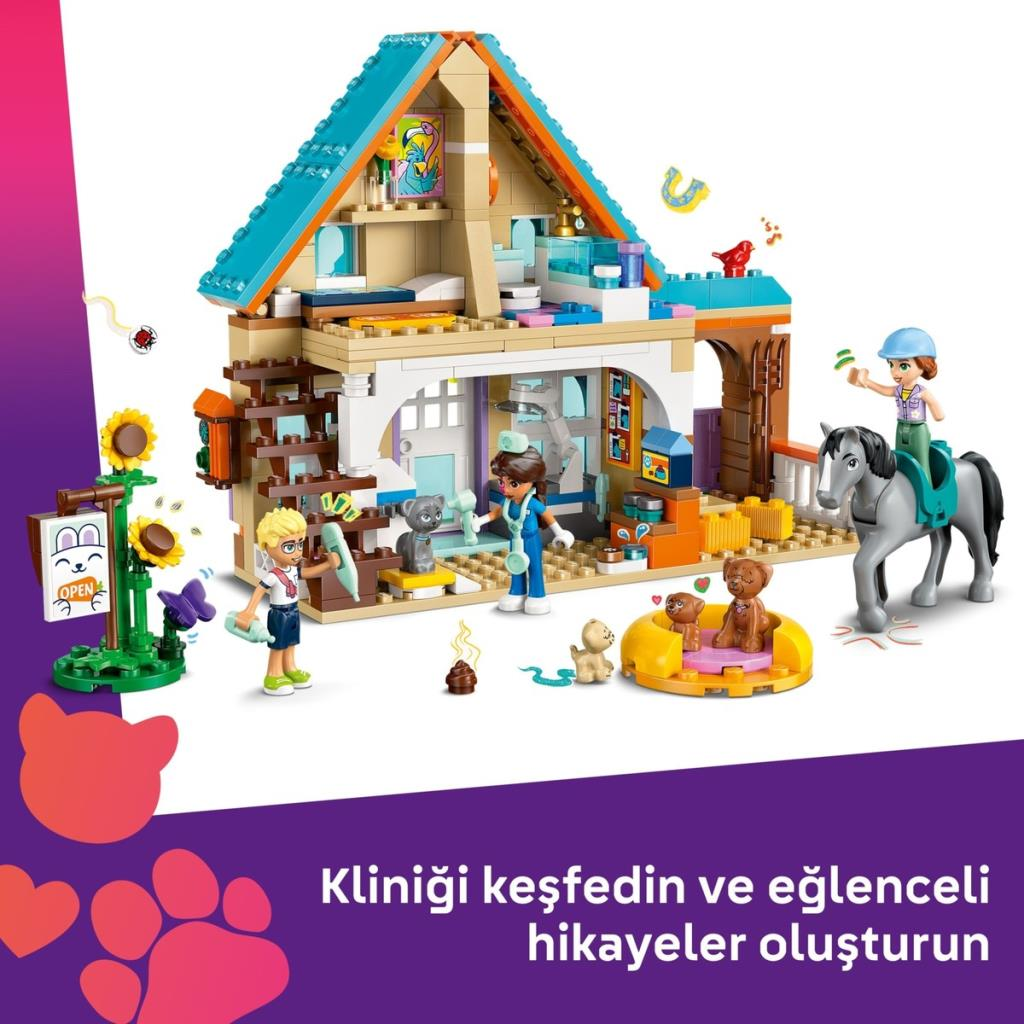 Une clinique vétérinaire Lego avec figurines : cheval, chiens, chats et vétérinaire.