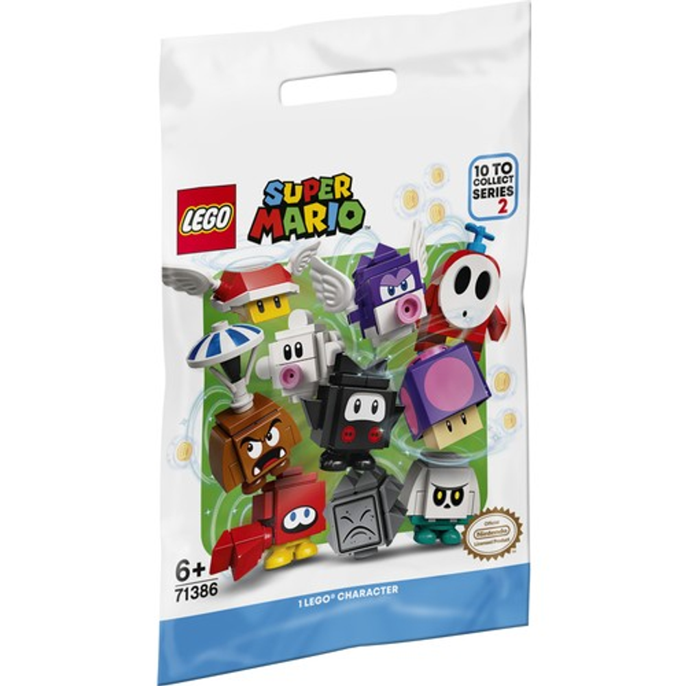 Sac avec figurines à collectionner Lego Super Mario, Série 2, montrant 7 personnages.